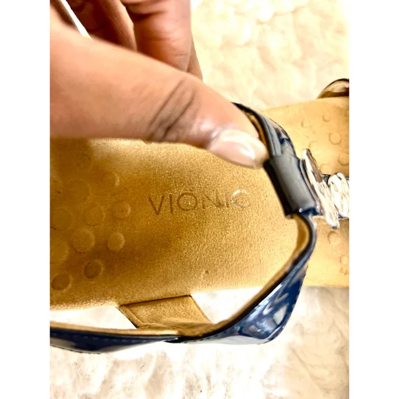 Vionic Farra Orthaheel Navy Patent Leather Sandals Women Size 8 - Picture 3 of 9